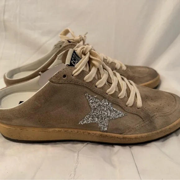 Golden Goose Beige Suede Sneakers with White Laces and Silver Glitter Star - Picture 4 of 7